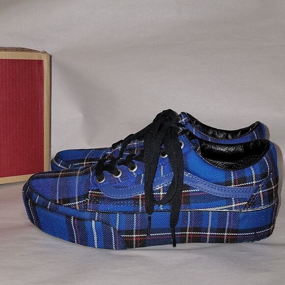Vans Old Skool Platform Patent Plaid Blue Black Sneaker Shoes Women 5.5 Men 7 - Picture 1 of 15